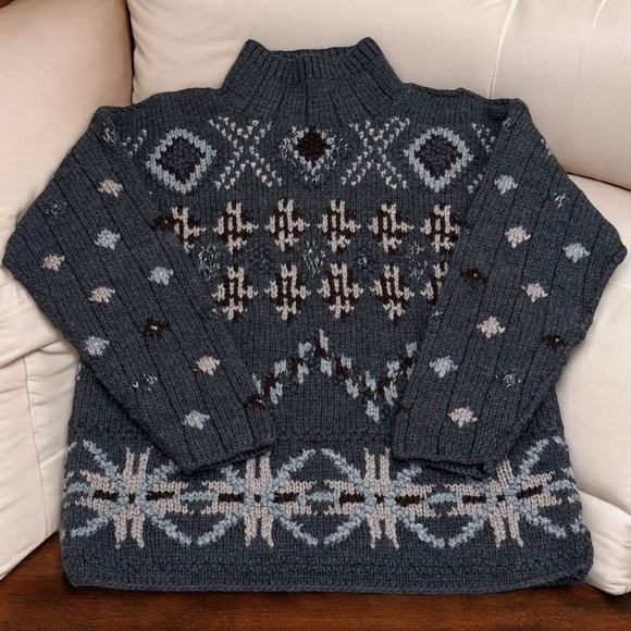 Sweaters - Limited Handknit Grey and Tan Aztec Geometric Print Cowlneck Wool Sweater Size S